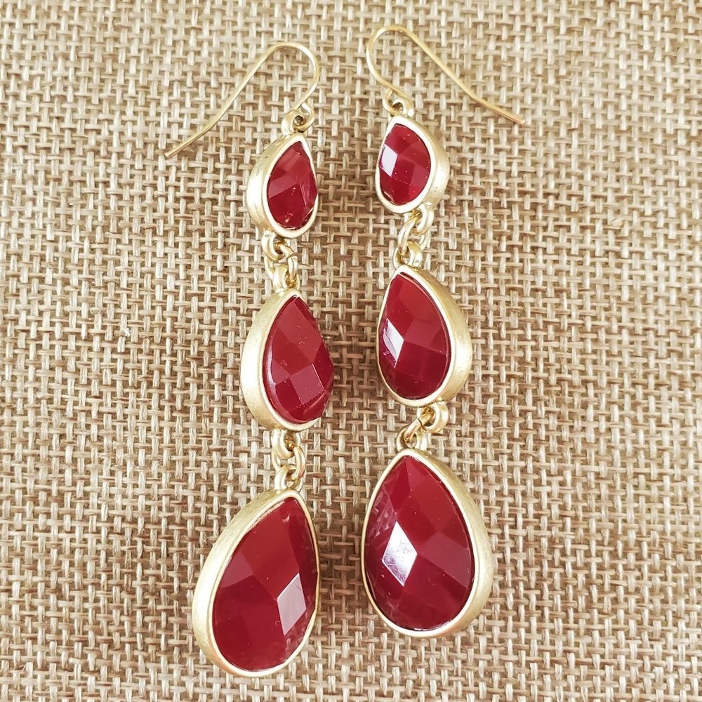 Premier Designs Matte Gold Red Stones Bezel Set Fishhook Earrings
